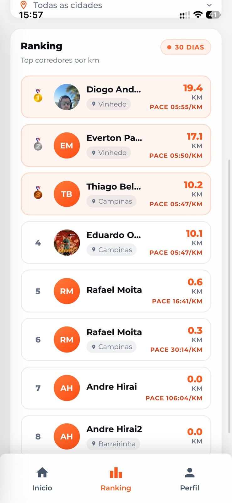 Tela do app GOtorank mostrando o ranking de corrida com filtros por período