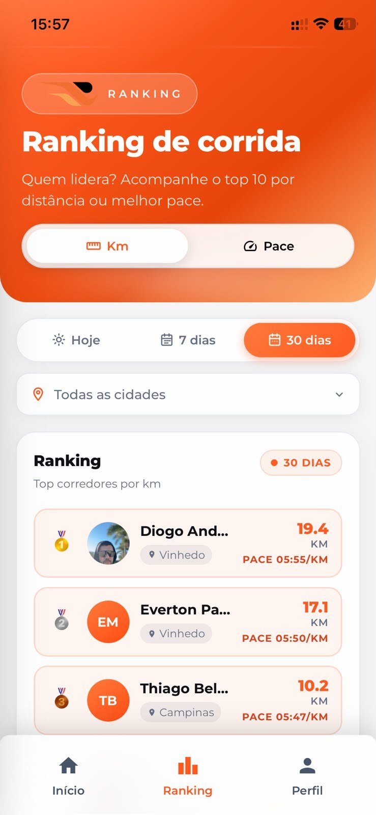 Lista de ranking do GOtorank com posição, nome, cidade e distância dos corredores